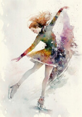 Figure skater in a dress on ice, watercolor painting, created with Generative AI technology.