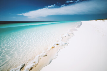 Fototapeta na wymiar Beautiful View of a White sandy Beach with Clear and Calm Ocean Waters-- Perfect Holyday destination for summer. Generative AI.