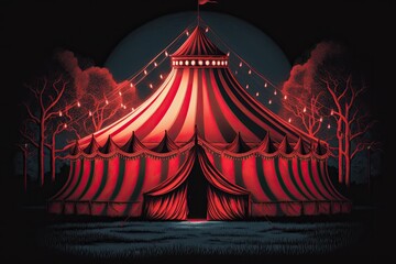 An illustration of a circus tent in the color red with lighting that illuminates it during the night. Generative AI