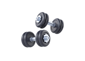 Fototapeta na wymiar Dumbbell 3d render icon - black fitness equipment, simple gym barbell and fit execise accessories for muscle