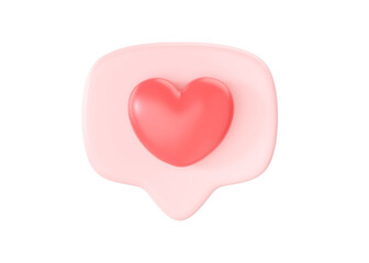 3d social media love heart icon render - message bubble for chat and network speech on mobile phone