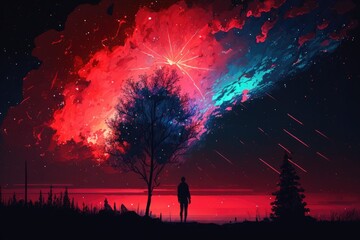 The night sky is red with fireworks. Generative AI