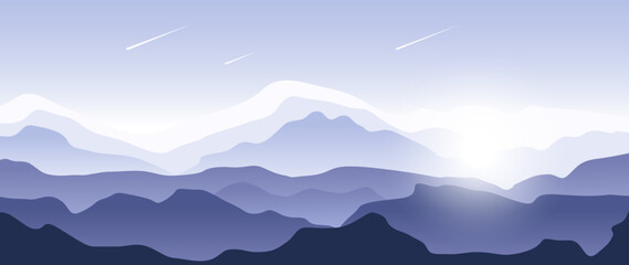 Flat illustration. Vector background. Landscape with silhouettes of violet blue mountains with fog, moonlight and falling stars. Perfect for screensaver, background, card, invitation or textile.