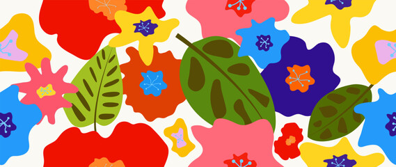 Vector seamless background. Abstract floral pattern. Modern print of bright flowers and tropical leaves on a light background. Ideal for textile design, screensavers, covers, invitations and posters.