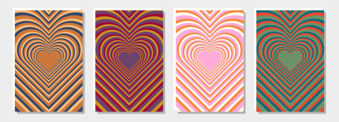 Fototapeta na wymiar Vector flat posters. Hypnotic tunnel in the shape of a heart. Wallpaper in the style of the 70s. Perfect for cover, screensaver, home design and textiles.