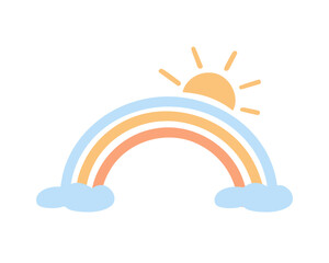 Rainbow, sun, clouds. Vector Illustration for printing, backgrounds, covers and packaging. Image can be used for greeting cards, posters, stickers and textile. Isolated on white background.