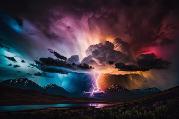 Fototapeta na wymiar Lightning with colorful dramatic clouds. Neural network AI generated art