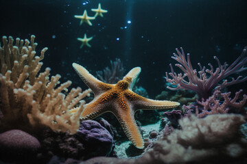 A colorful starfish in sea with a coral reef in the background,   representing the diversity and wonder of marine life