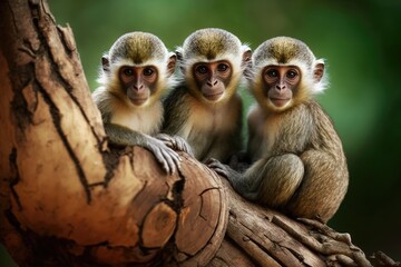 Friend monkeys on a tree. Generative AI