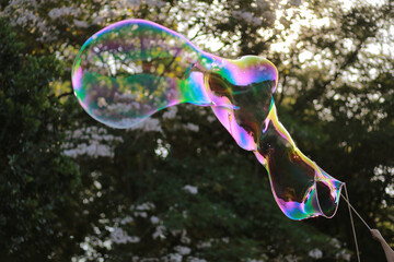 Close up a man making huge rope soap bubbles in a park