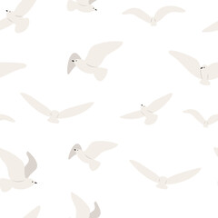 coastal seamless pattern, flying seagull digital paper, sea lion scrapbook paper, wave background, woman illustration clipart, ocean beach vector images in flat cartoon style.