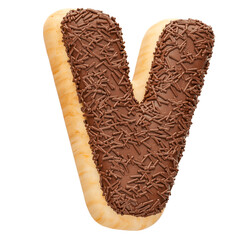 Chocolate letter V with sprinkles in realistic 3d render