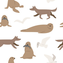 coastal seamless pattern, flying seagull digital paper, sea lion scrapbook paper, wave background, woman illustration clipart, ocean beach vector images in flat cartoon style.