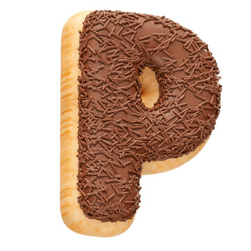 Chocolate letter P with sprinkles in realistic 3d render