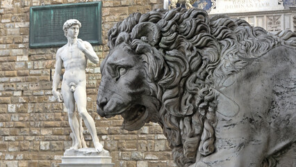 Copy of Statue Of David By Michelangelo In Piazza Della Signoria, Florence, Italy