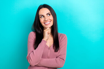 Portrait of young thoughtful intelligent business lady wear pink shirt look empty space find genius...