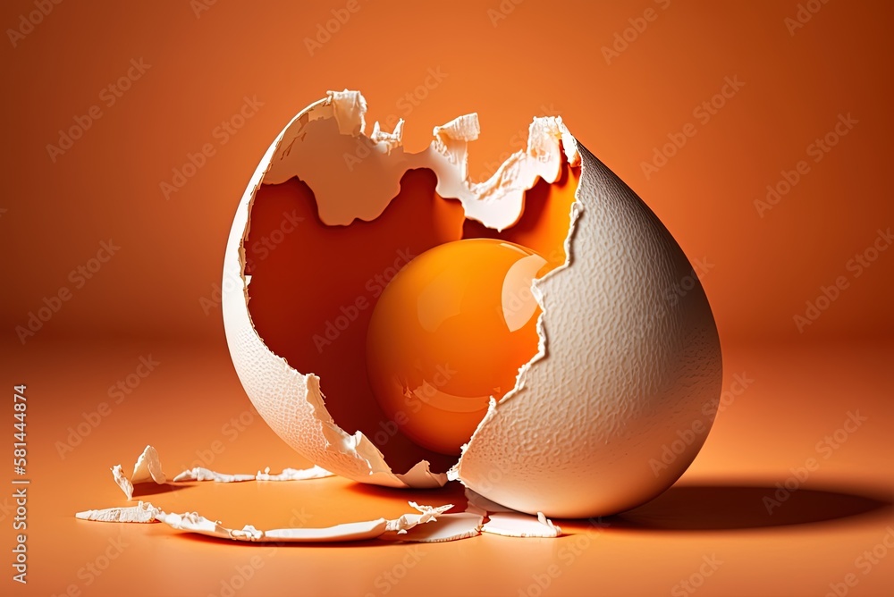 Poster stunning close-up of an eggshell on an orange backdrop generative ai