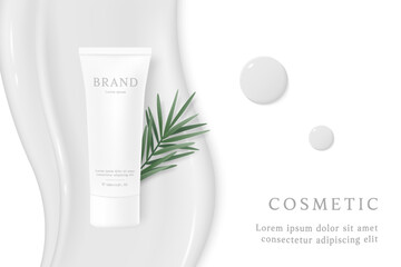 Cosmetics and skin care product ads template on white background with lotion and leaves.
