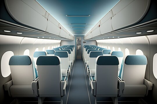 Interior of an airplane cabin with comfortable seats, overhead compartments. Generative AI illustration.