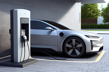 Fototapeta na wymiar Car charging at environmentally friendly power station outdoors ,generative AI