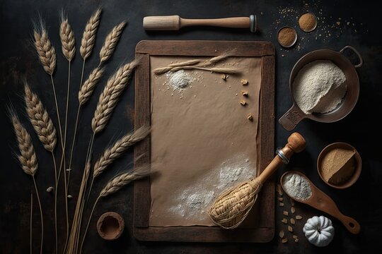 Baking lesson or recipe concept with free writing space on a dark background and wheat grain, flour, and ears strewn throughout. top view of a table or wooden board. preparing pastry or dough