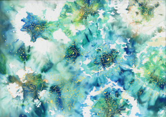 Texture of natural linen fabric. Batik.Textile shibori print. Indigo blue tie-dye textile. Watercolor effect. - 581446205