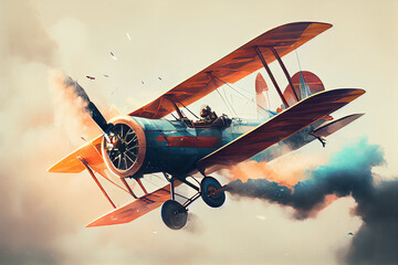An old fashioned biplane performing a stunt mid air ,generative AI - obrazy, fototapety, plakaty