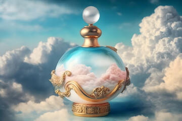 beautiful perfume bottle against the background of the sky and clouds. Neural network generated art