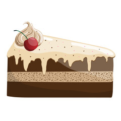 A piece of cake with chocolate crumble, vanilla frosting and cherry  on a white background. Confectionery treat, brownie.
