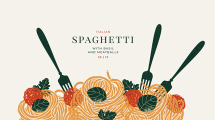 Fototapeta Forks tasting spaghetti with basil and meatballs. Food textured horizontal composition.  obraz