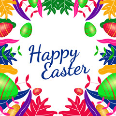 Fototapeta na wymiar Happy Easter greeting card design with colorful leaves and egg frames