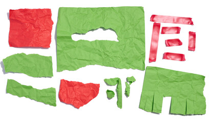Various torn pieces of paper, red torn electrical tape and a template for an advertisement with tear-off edges on a white background