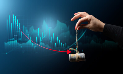 A female hand holding dollars tied with a rope and a chart with declining indicators, concept of...