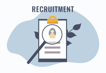 Recruitment, selection process for new employees, resume review. The concept of human resource management and recruitment. Flat vector illustration.