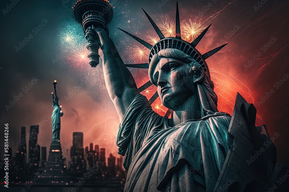 Canvas Prints The Statue of Liberty in Manhattan, New York City, USA, against a blurred cityscape and stunning fireworks in the evening. Generative AI