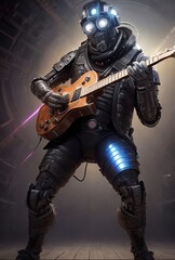 Naklejka premium futuristic soldier with a guitar
