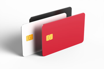Close-up of three colored credit cards on a white background. 3d rendering illustration.