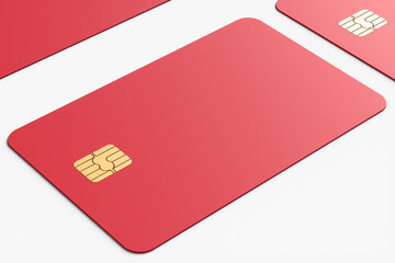 Close-up of a large group of red credit cards on a white background. 3d rendering illustration.
