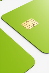 Close-up of a large group of green credit cards on a white background. 3d rendering illustration.