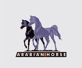 ELEGANT ARABIAN HORSE LOGO, SILHOUETTE OF GREAT HORSE STANDING VECTOR ILLUSTRATIONS