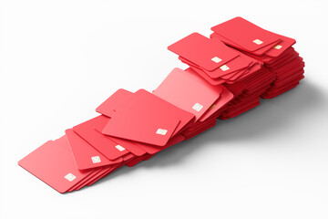 Close-up of a large group of red credit cards on a white background. 3d rendering illustration.