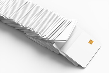 Close-up of a large group of white credit cards on a white background. 3d rendering illustration.