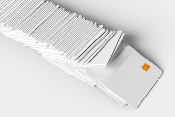 Close-up of a large group of white credit cards on a white background. 3d rendering illustration.
