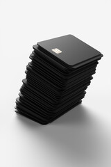Close-up of a pile of black credit cards on a white background. 3d rendering illustration.