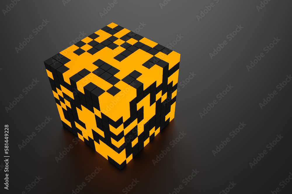 Poster close-up of a neon futuristic cube on a black background. 3d rendering illustration.
