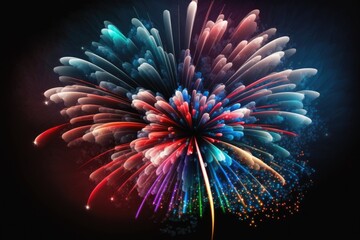 Copy space, multicolored celebration fireworks. Beautiful fireworks celebrate Independence Day and the Fourth of July. Salute the Canada Day holidays. New Year's Eve fireworks display. Generative AI