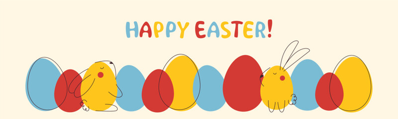 Happy Easter modern and colorful design. Vector template for a banner, poster or flyer. Design with Easter eggs, bunnies and handwritten typography