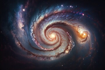View from space to a spiral galaxy and stars. Universe filled with stars, nebula and galaxy,. Element of this image furnished by NASA. Generative AI