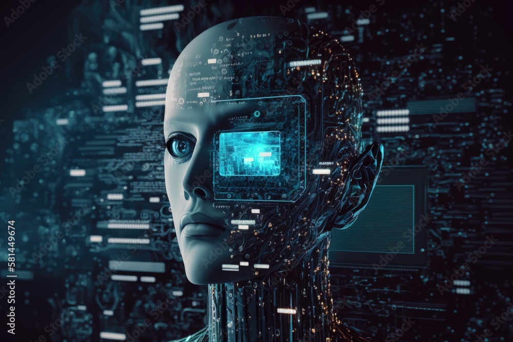 Poster concept of current information technology, automation, and artificial intelligence on a virtual scre