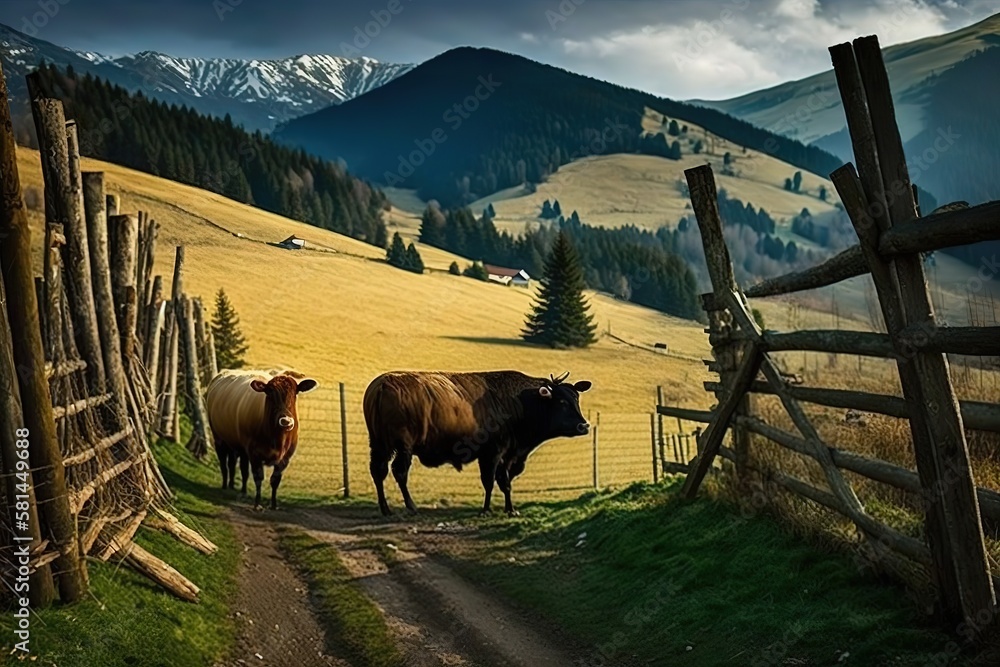 Wall mural The cows near the fence, Carpathian mountains, AI generated